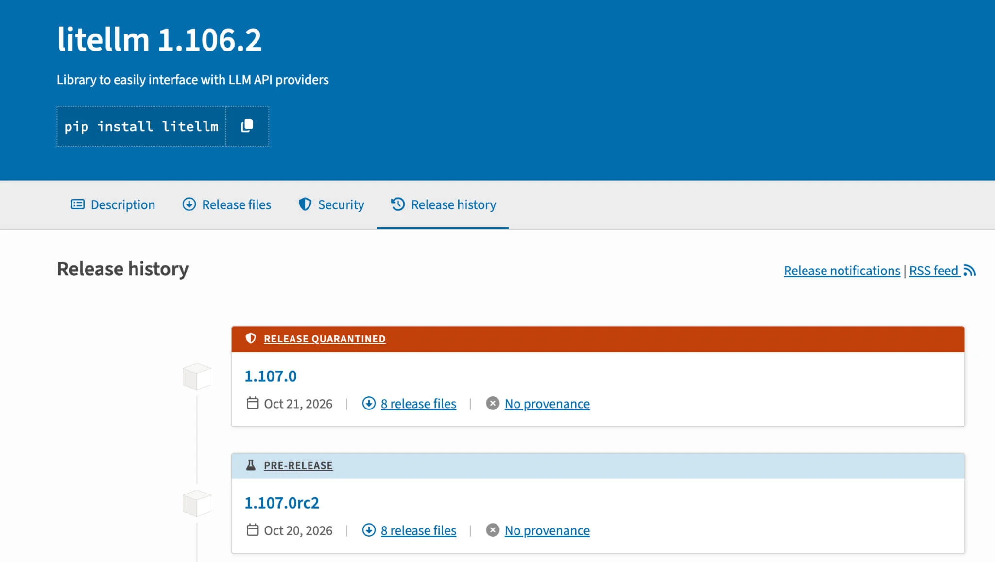 PyPI release history showing litellm 1.107.0 quarantined