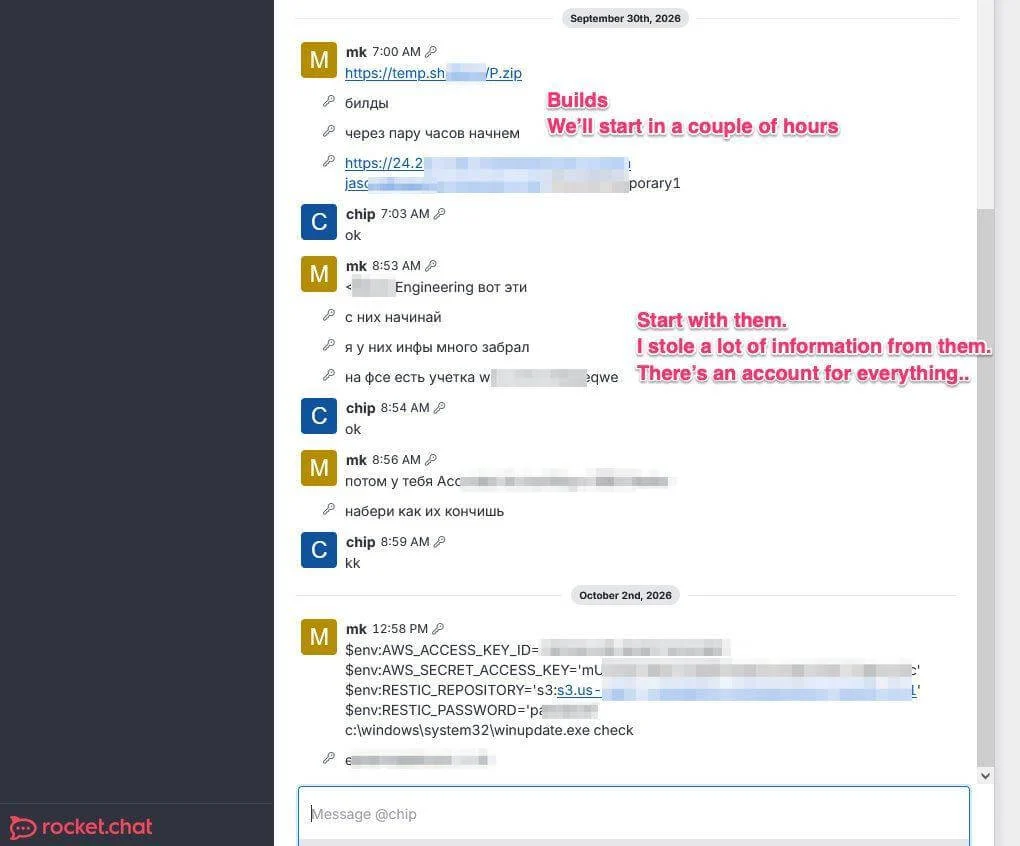 Rocket.Chat messages between operators, screenshot taken by OpenCode