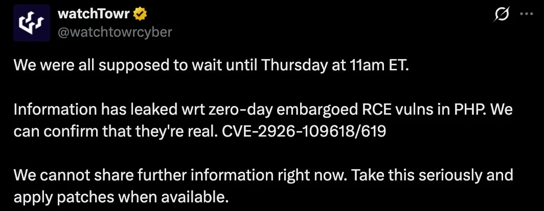 WatchTowr’s post on X, confirming the leak of PHP2Shell vulnerabilities